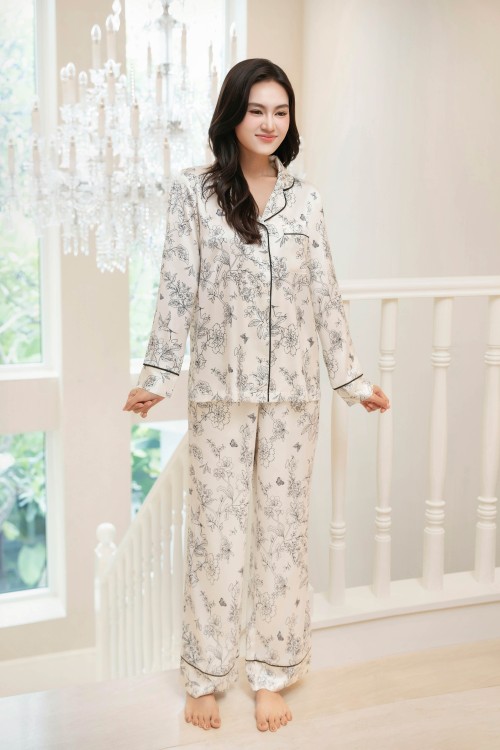 Sixdo Cream Floral Long Silk Blouse &amp; Pants